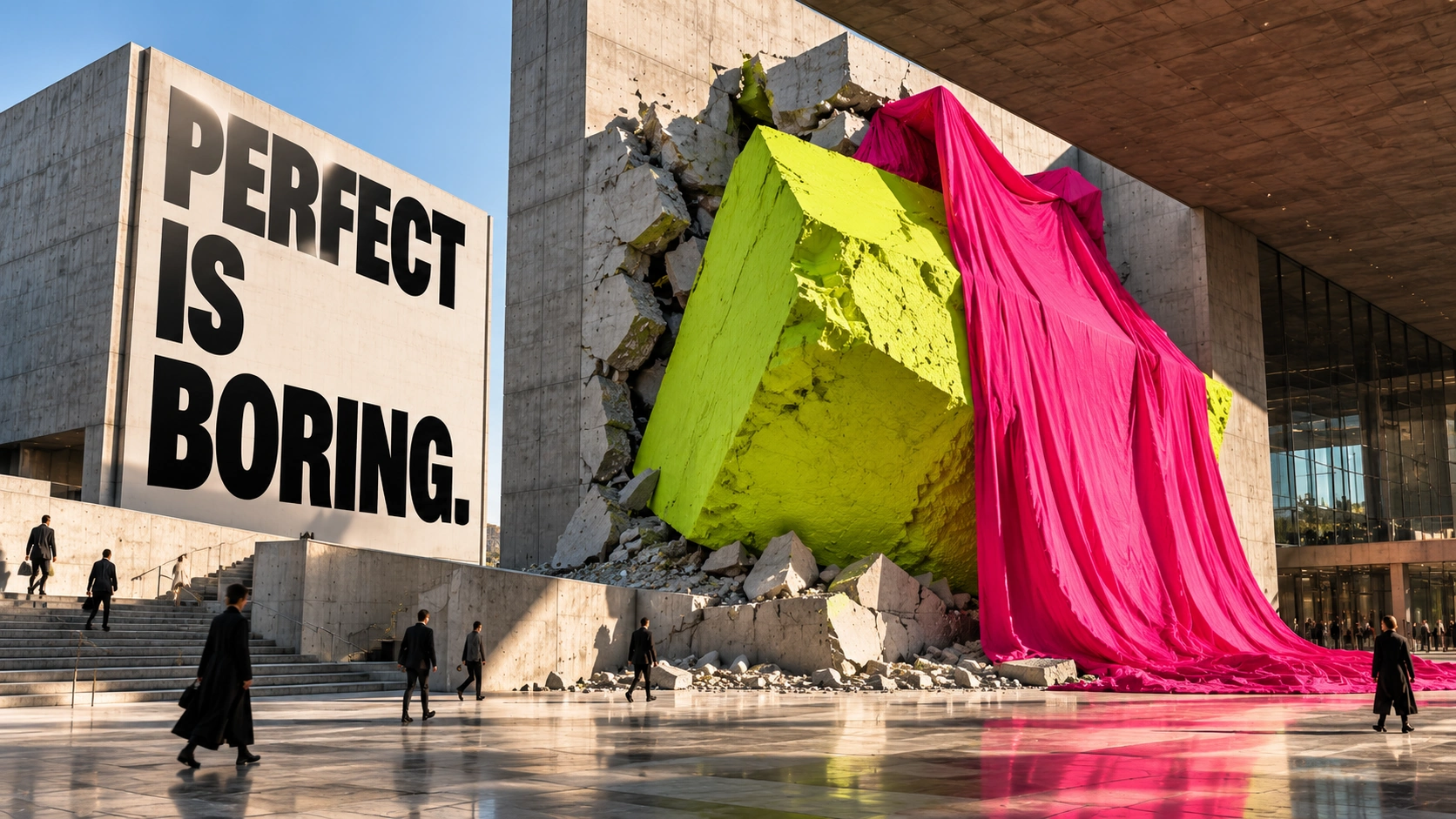 A lime sculpture and pink fabric interrupt a concrete building